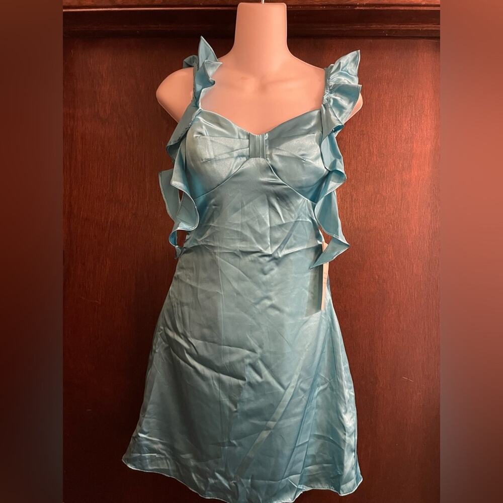 NWT Faeriesty Brand Satin Ruffle Mini Dress Size 2 XS NWT Aqua Blue Party Short - Picture 2 of 8